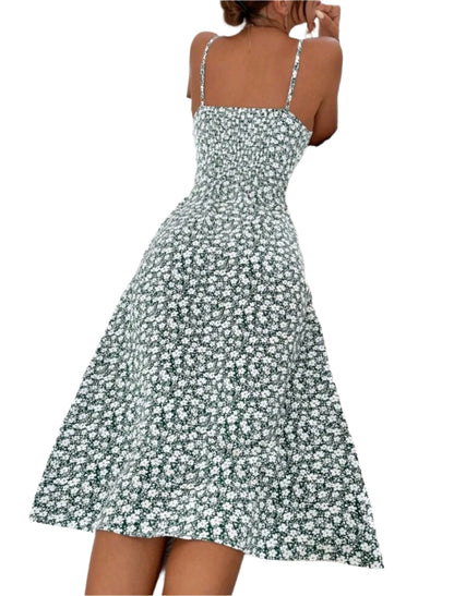 SHE zöld virágmintás pántos midiruha