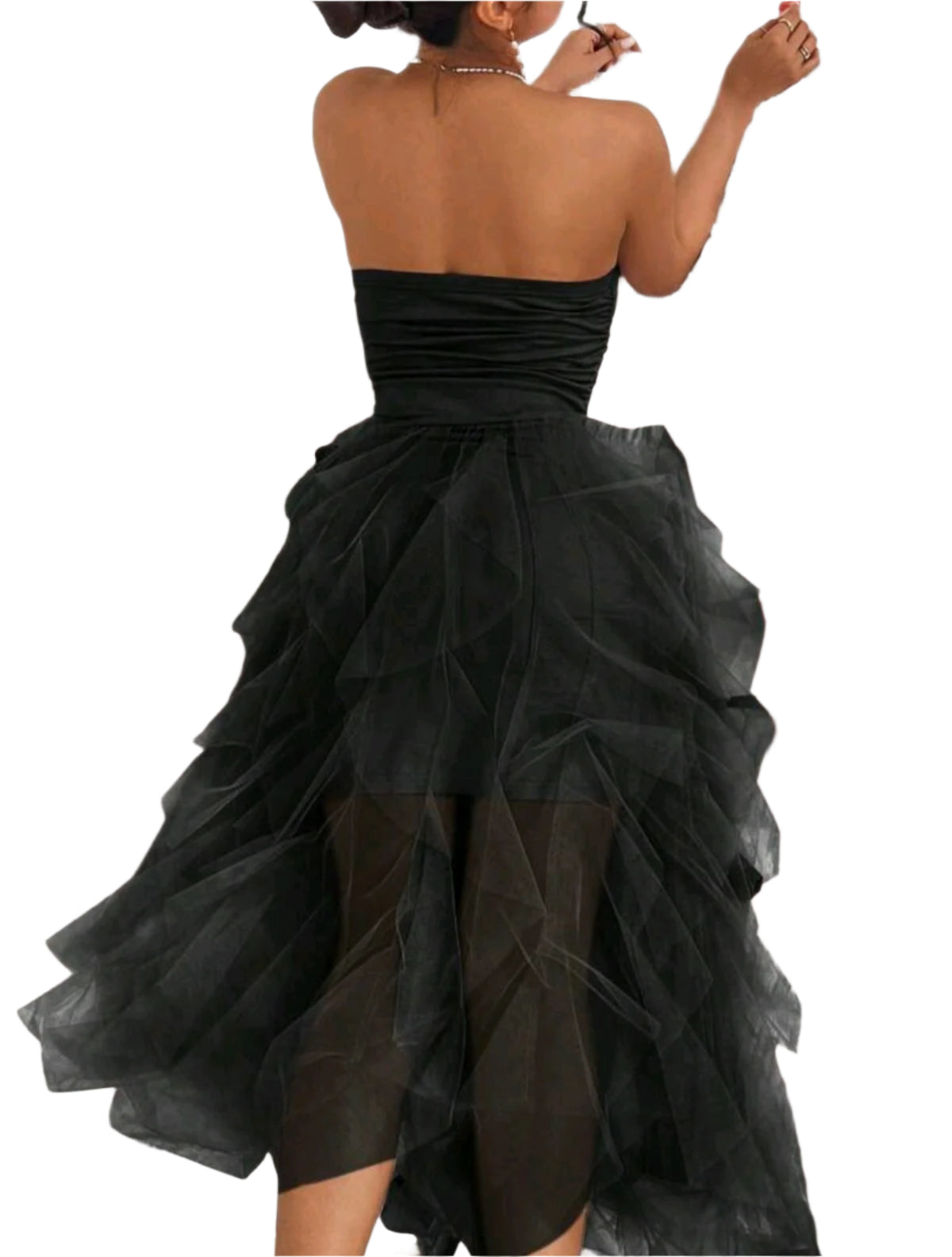 SHE fekete tüllréteges pánt nélküli midiruha