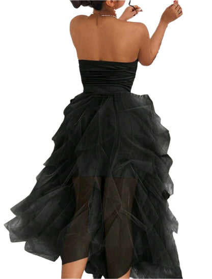 SHE fekete tüllréteges pánt nélküli midiruha