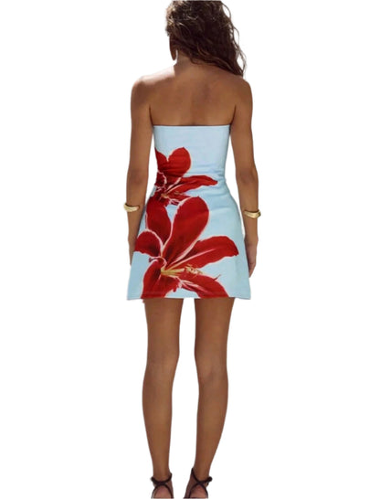 SHE világoskék virágmintás pánt nélküli miniruha