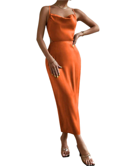 SHE narancssárga selyemhatású midiruha