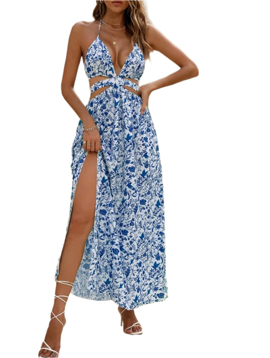 SHE kék virágmintás kivágott maxi ruha