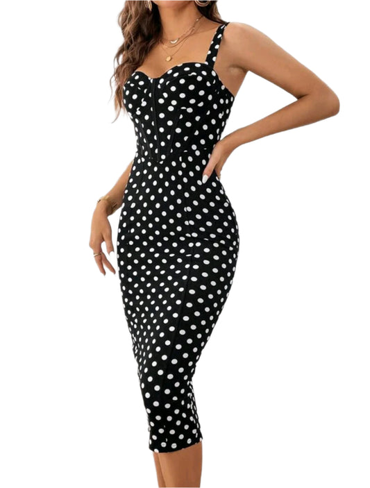 SHE fekete pöttyös testhezálló midiruha