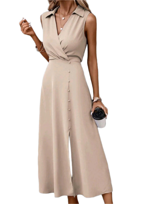 SHE bézs elegáns gombos midiruha