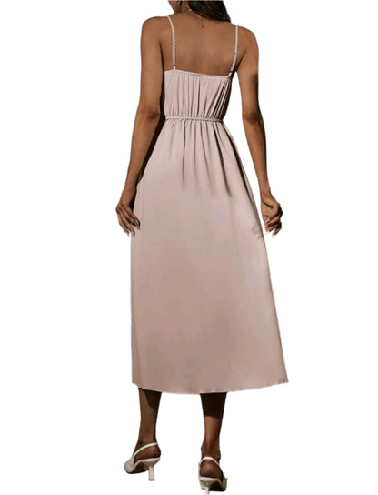 SHE bézs megkötős V-kivágású midiruha