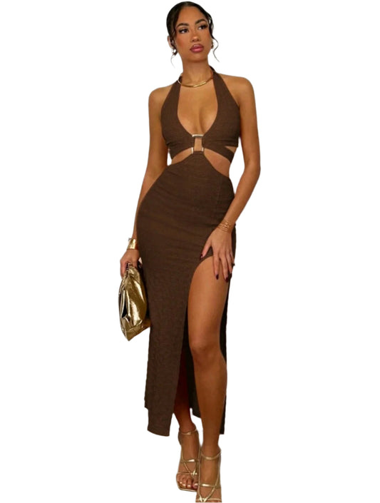 SHE barna kivágott kötött midi ruha