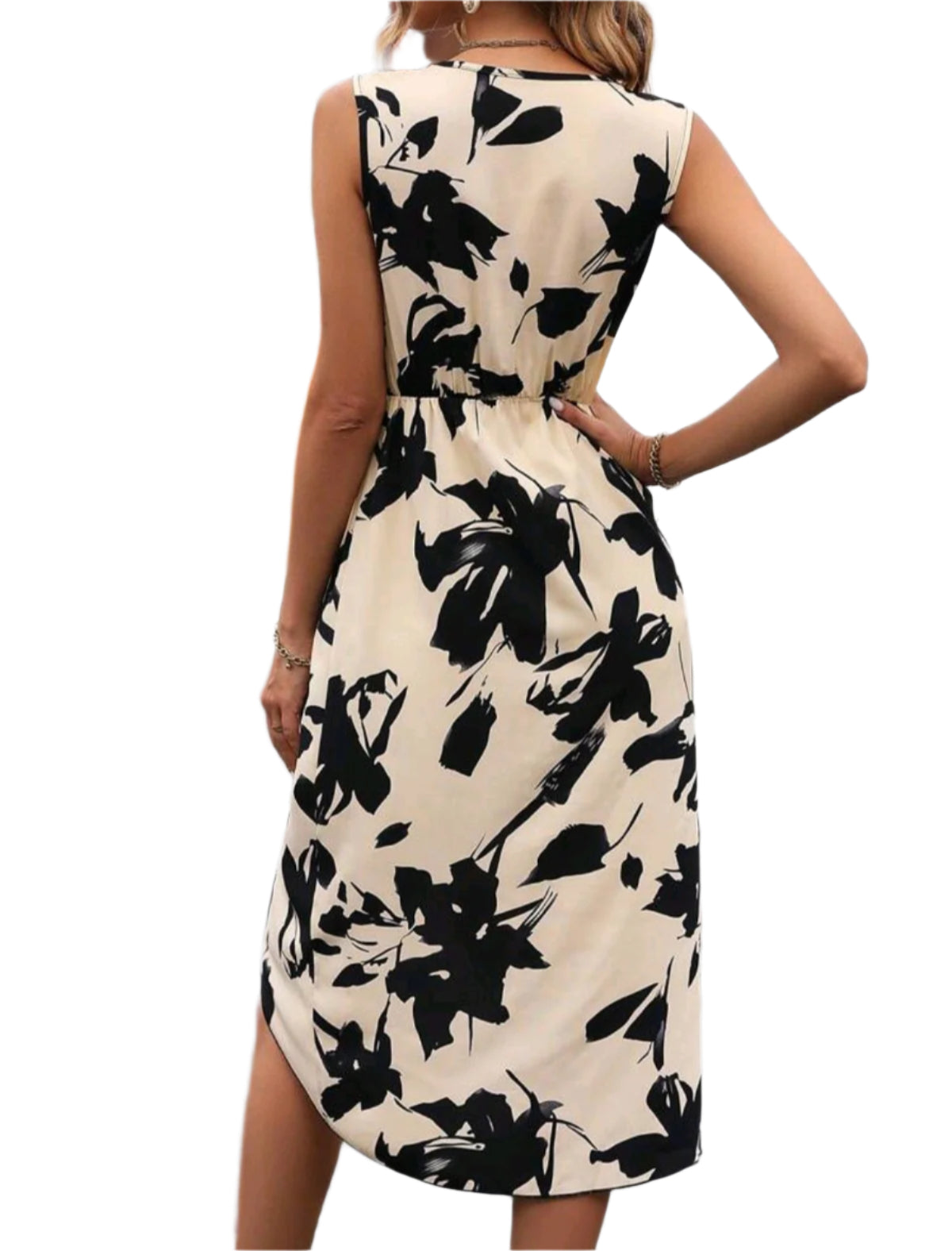 SHE bézs fekete virágmintás átlapolt ruha