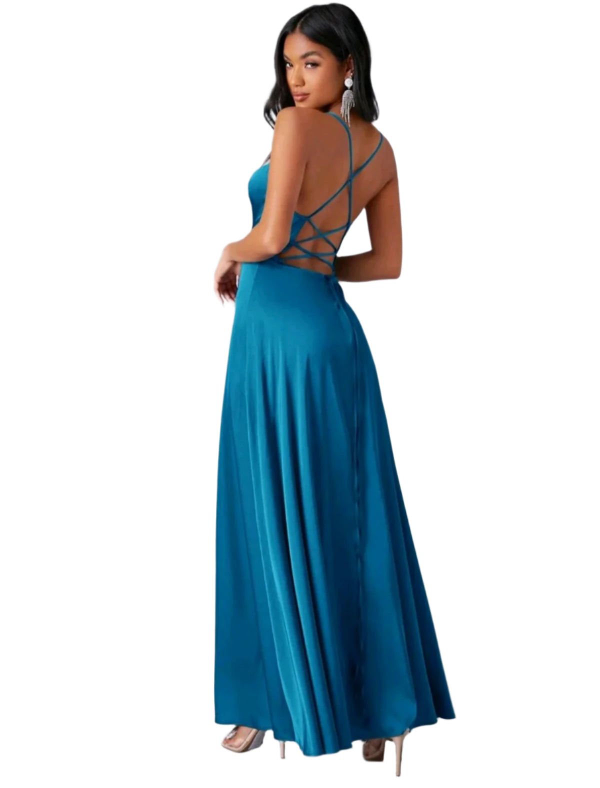 SHE kék szatén hatású elegáns maxi ruha