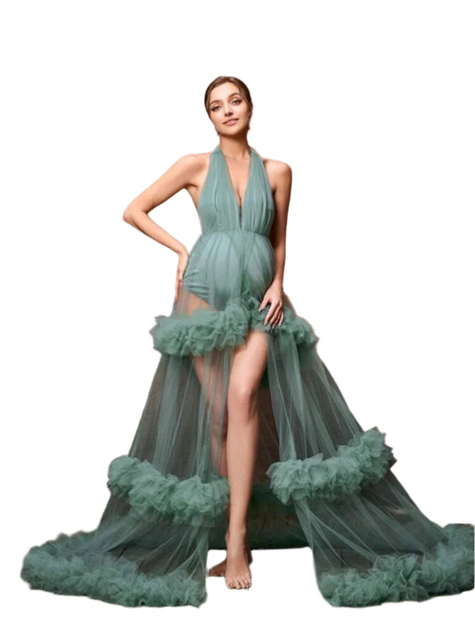 SHE zöld tüll kismama fotózási ruha