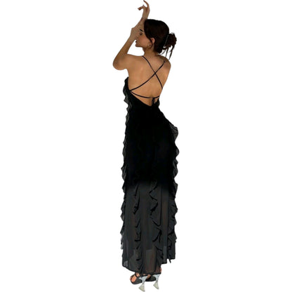 SHE fekete fodros maxi ruha
