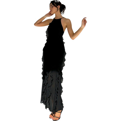SHE fekete fodros maxi ruha
