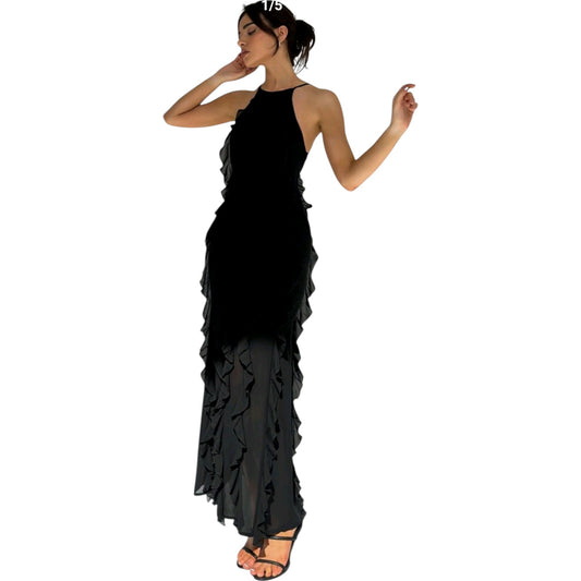 SHE fekete fodros maxi ruha