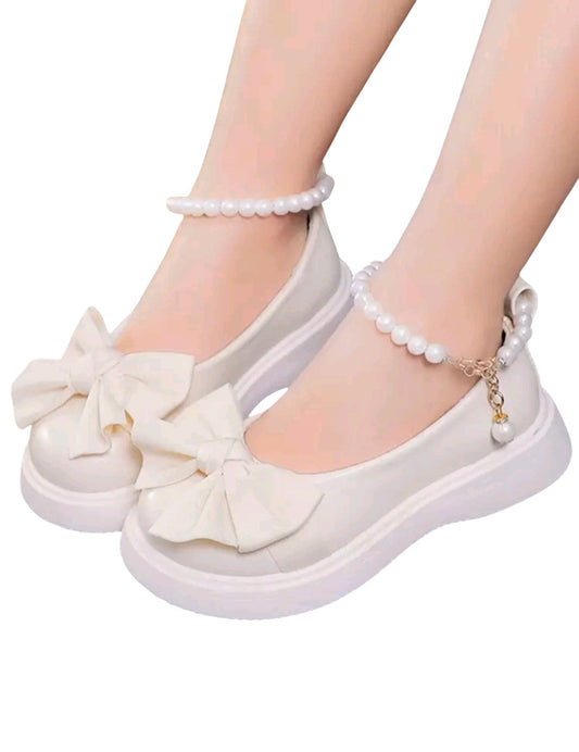 SHE fehér masnis gyöngyös pántos platform balerina cipő