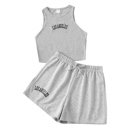 SHE szürke "Los Angeles" crop top és rövidnadrág szett