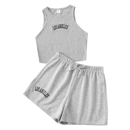 SHE szürke "Los Angeles" crop top és rövidnadrág szett