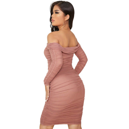 SHE rózsaszín fodros bodycon midi ruha
