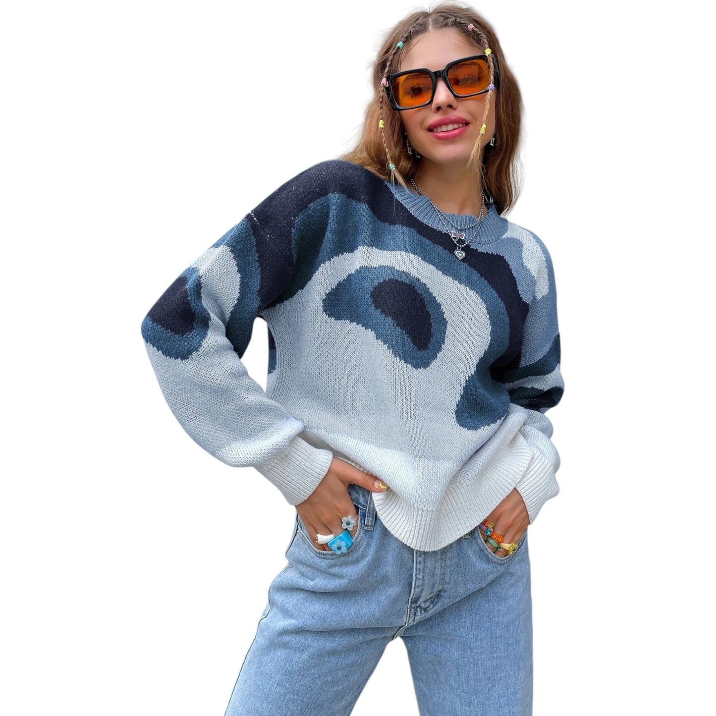 SHE kék mintás kötött pulóver
