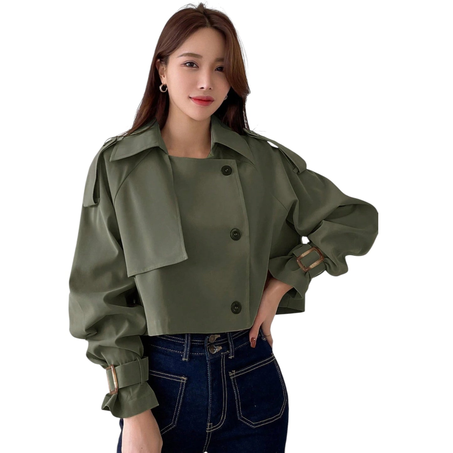 SHE olíva zöld crop trench kabát
