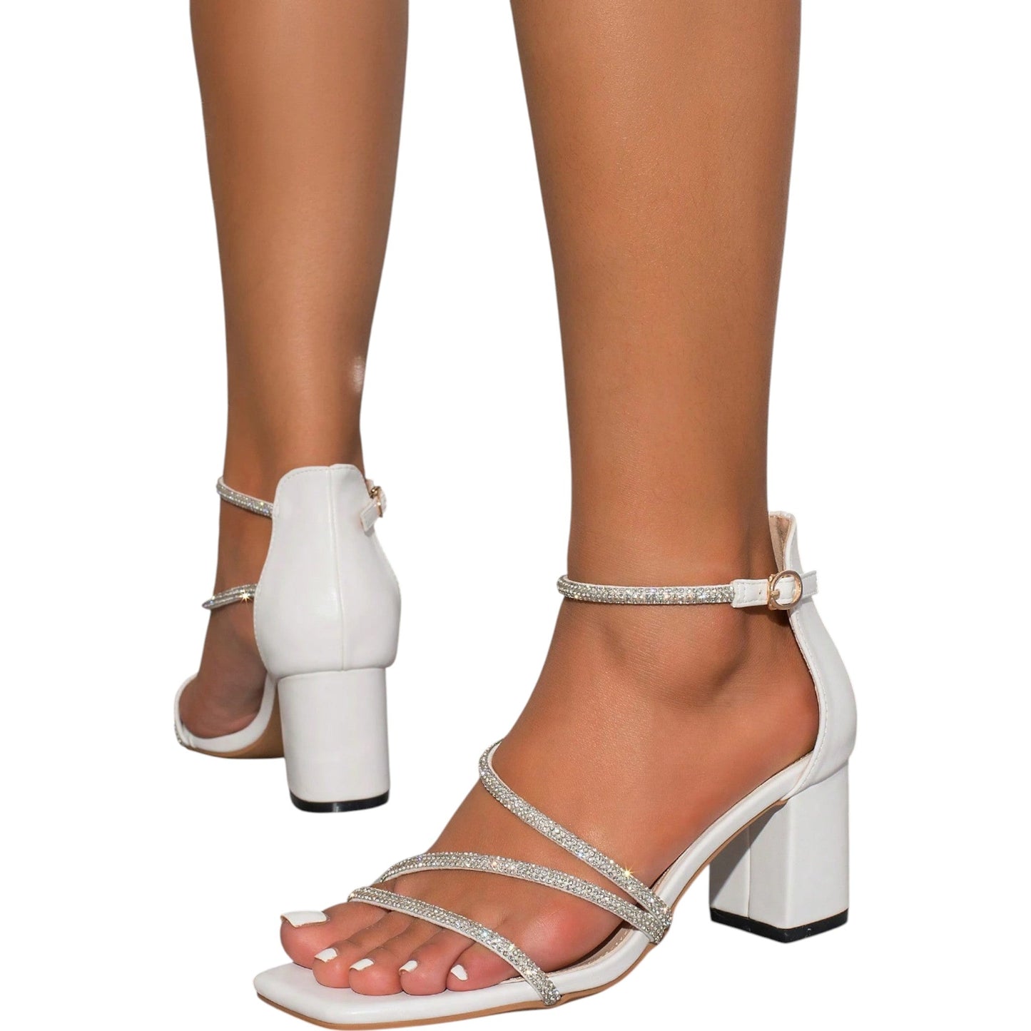 SHE fehér köves blokk sarkú szandál