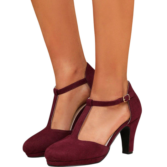 SHE bordó T-pántos tömbsarkú magassarkú cipő