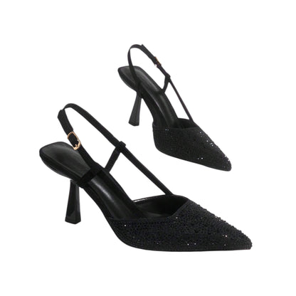 SHE fekete strasszos slingback magassarkú