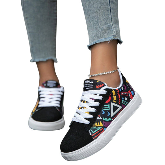 SHE fekete mintás lapos talpú sneaker