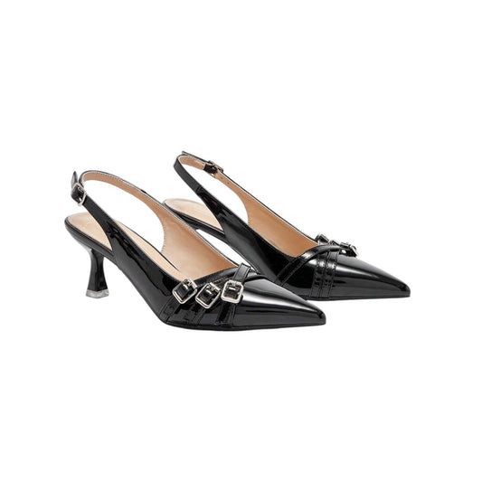 SHE fekete lakkozott csatos slingback magassarkú