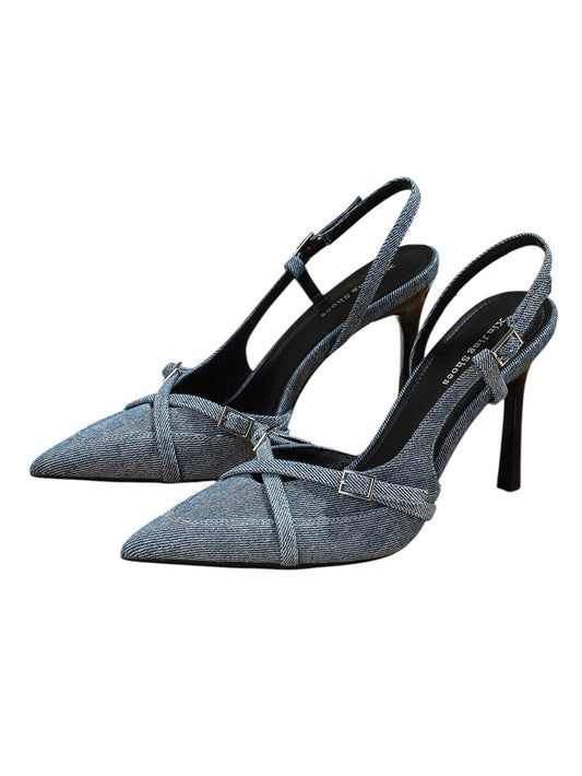 SHE kék farmer slingback magassarkú cipő