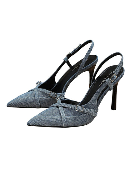 SHE kék farmer slingback magassarkú cipő