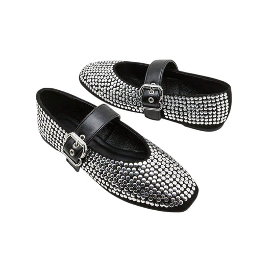 SHE fekete szegecses balerina cipő