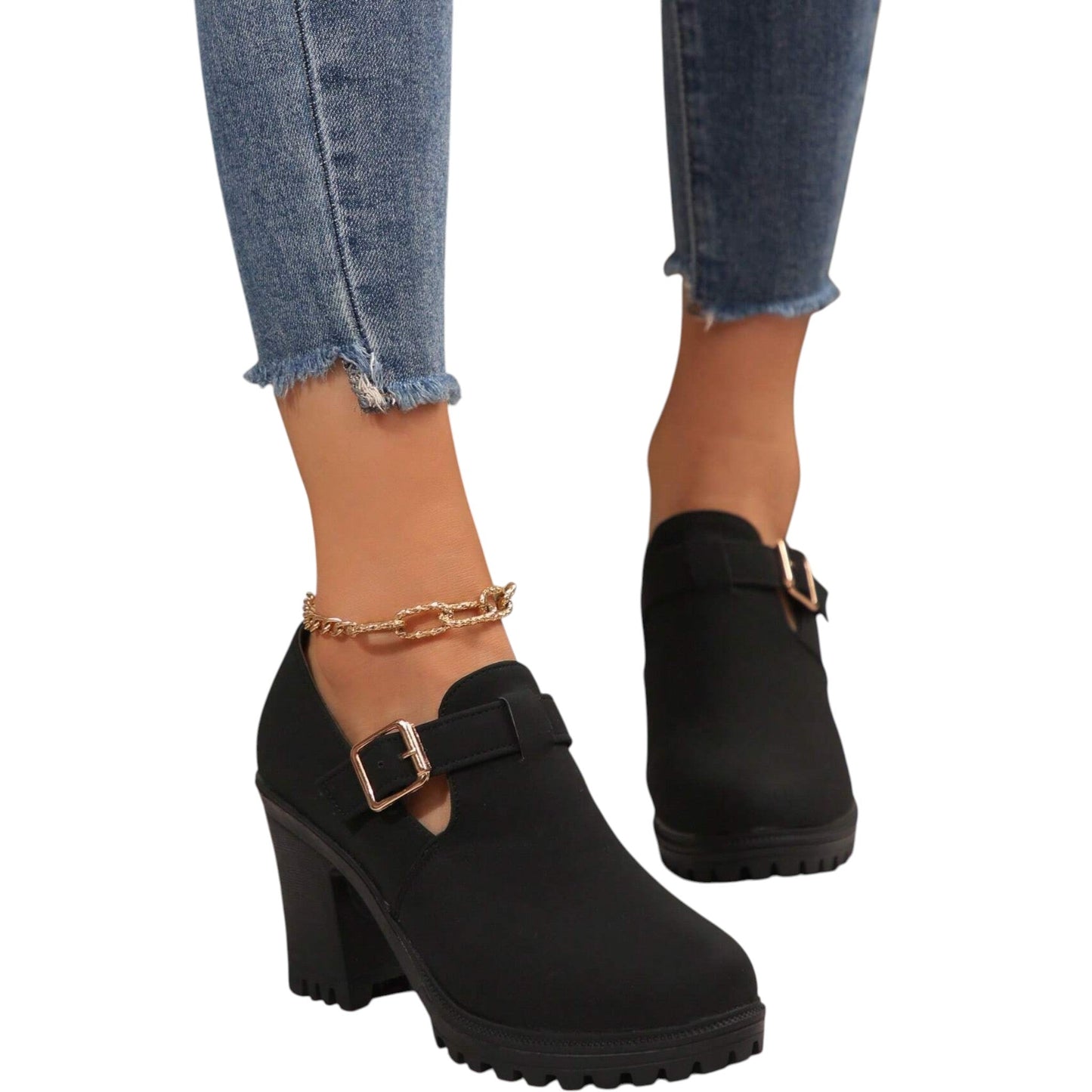 SHE fekete tömbsarkú csatos cipő