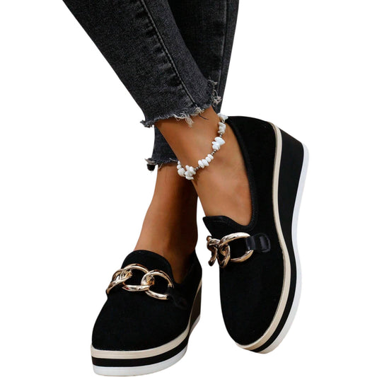 SHE fekete arany láncos éktalpú loafer