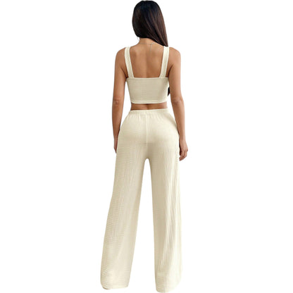 SHE ekrü bordázott crop top és palazzo nadrág szett