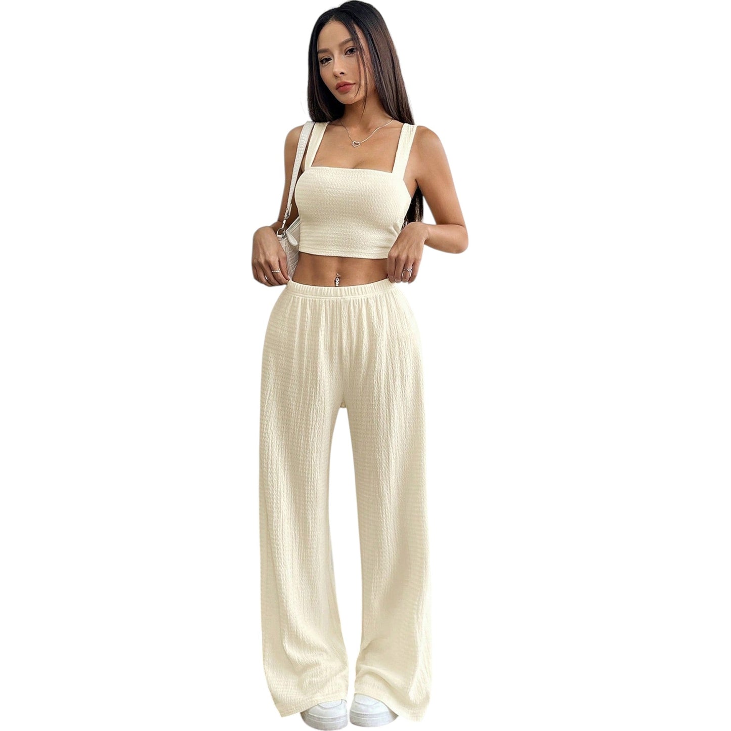 SHE ekrü bordázott crop top és palazzo nadrág szett