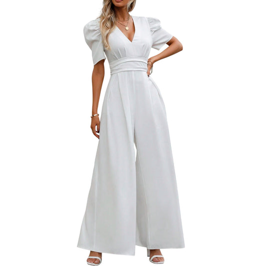 SHE fehér V-nyakú széles szárú jumpsuit