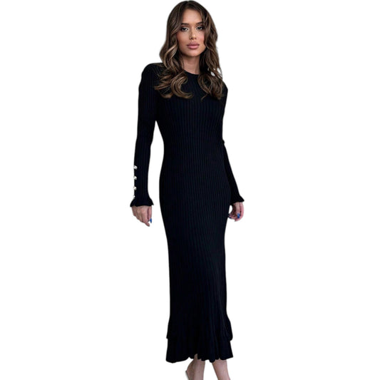 SHE fekete bordázott kötött maxi ruha