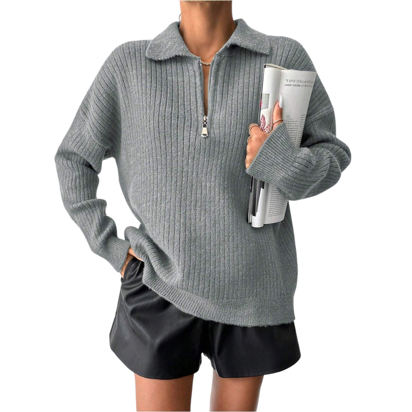 SHE szürke cipzáras kötött pulóver