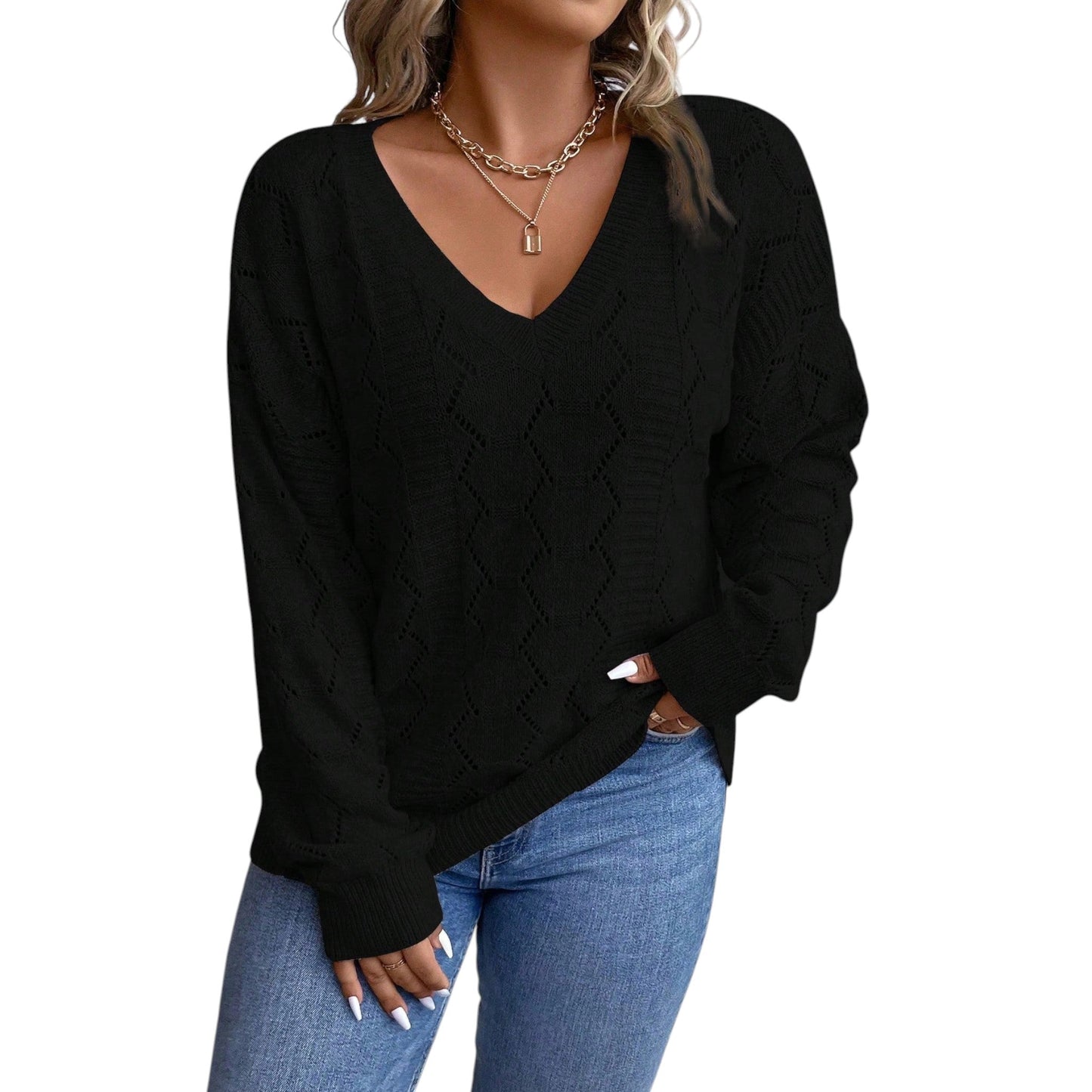 SHE fekete V-nyakú pulóver