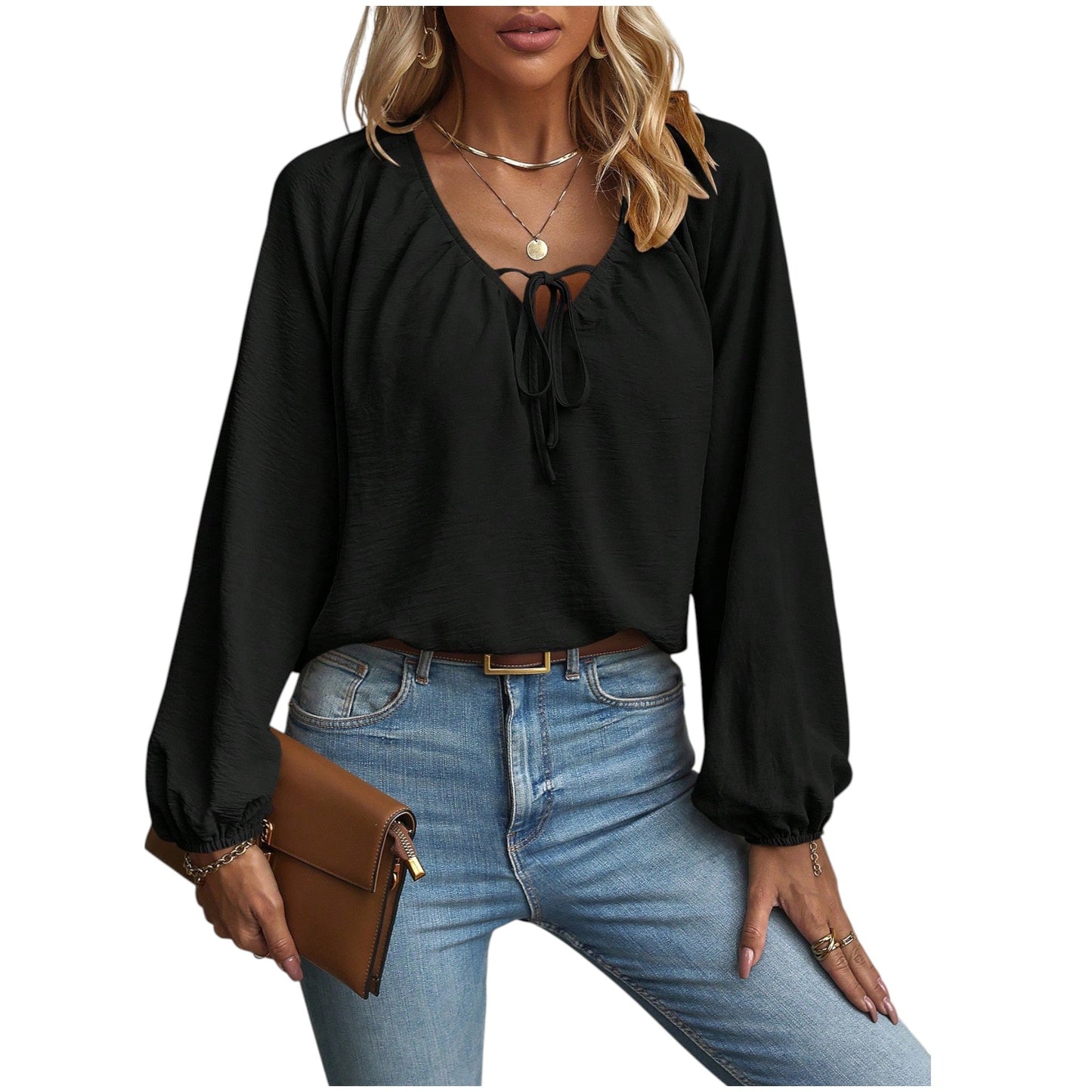 SHE fekete masnis hosszú ujjú blúz