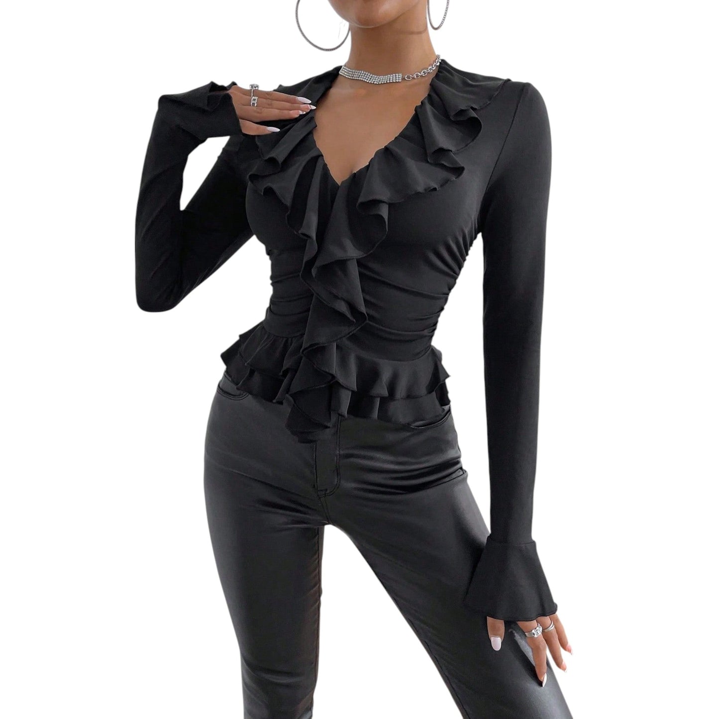 SHE fekete fodros karcsúsított felső