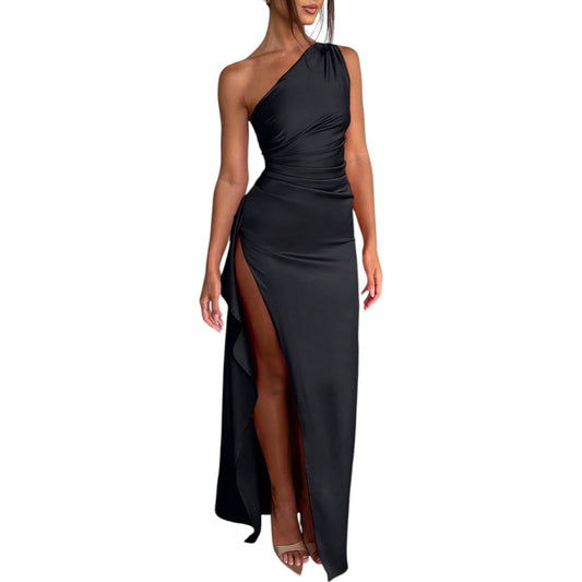 SHE fekete egyvállas maxi ruha