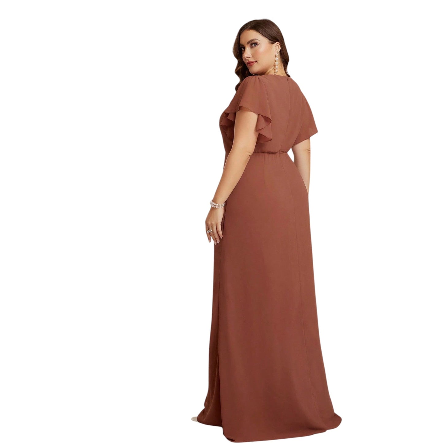 SHE barna V-nyakú redőzött maxi ruha