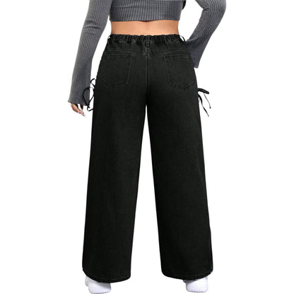 SHE fekete fűzős wide leg farmer nadrág