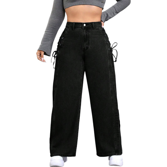 SHE fekete fűzős wide leg farmer nadrág