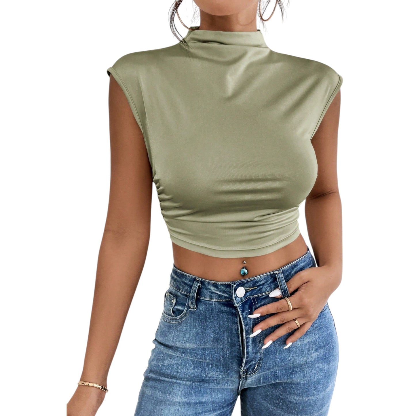 SHE zöld magas nyakú ujjatlan crop top