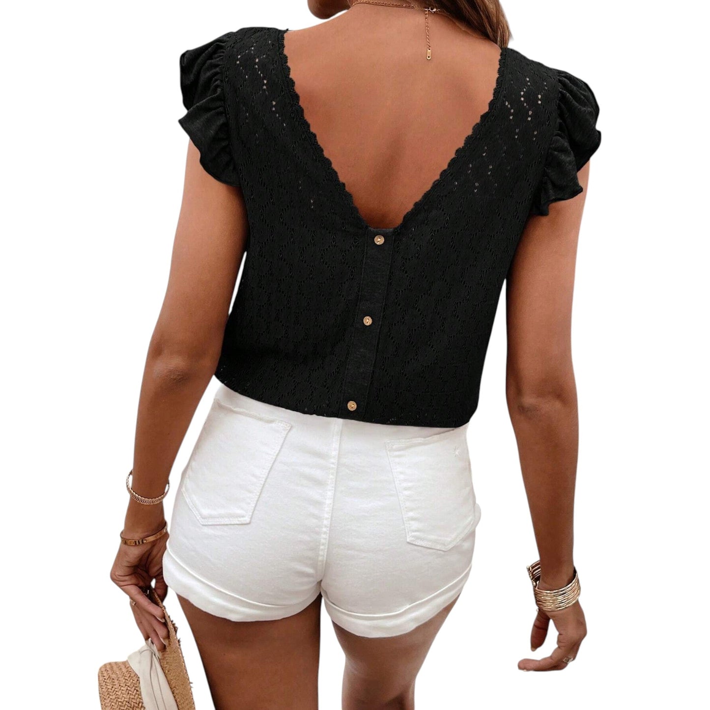 SHE fekete fodros ujjú V-nyakú póló