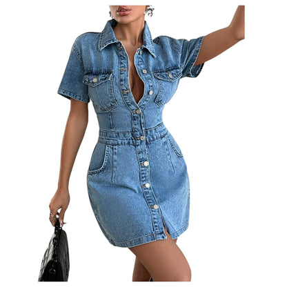 SHE kék rövid ujjú farmer ruha