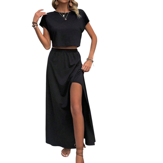 SHE fekete crop top és maxi szoknya szett