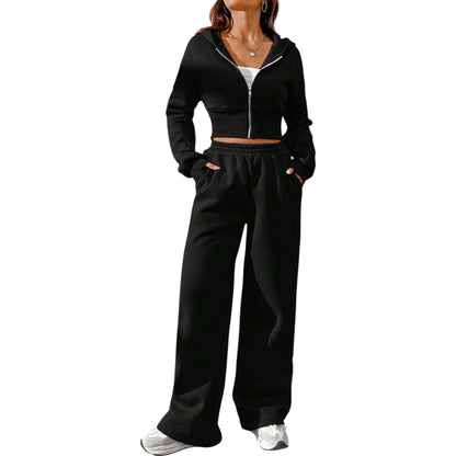 SHE fekete cipzáras kapucnis pulóver és melegítőnadrág szett