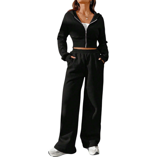 SHE fekete cipzáras kapucnis pulóver és melegítőnadrág szett